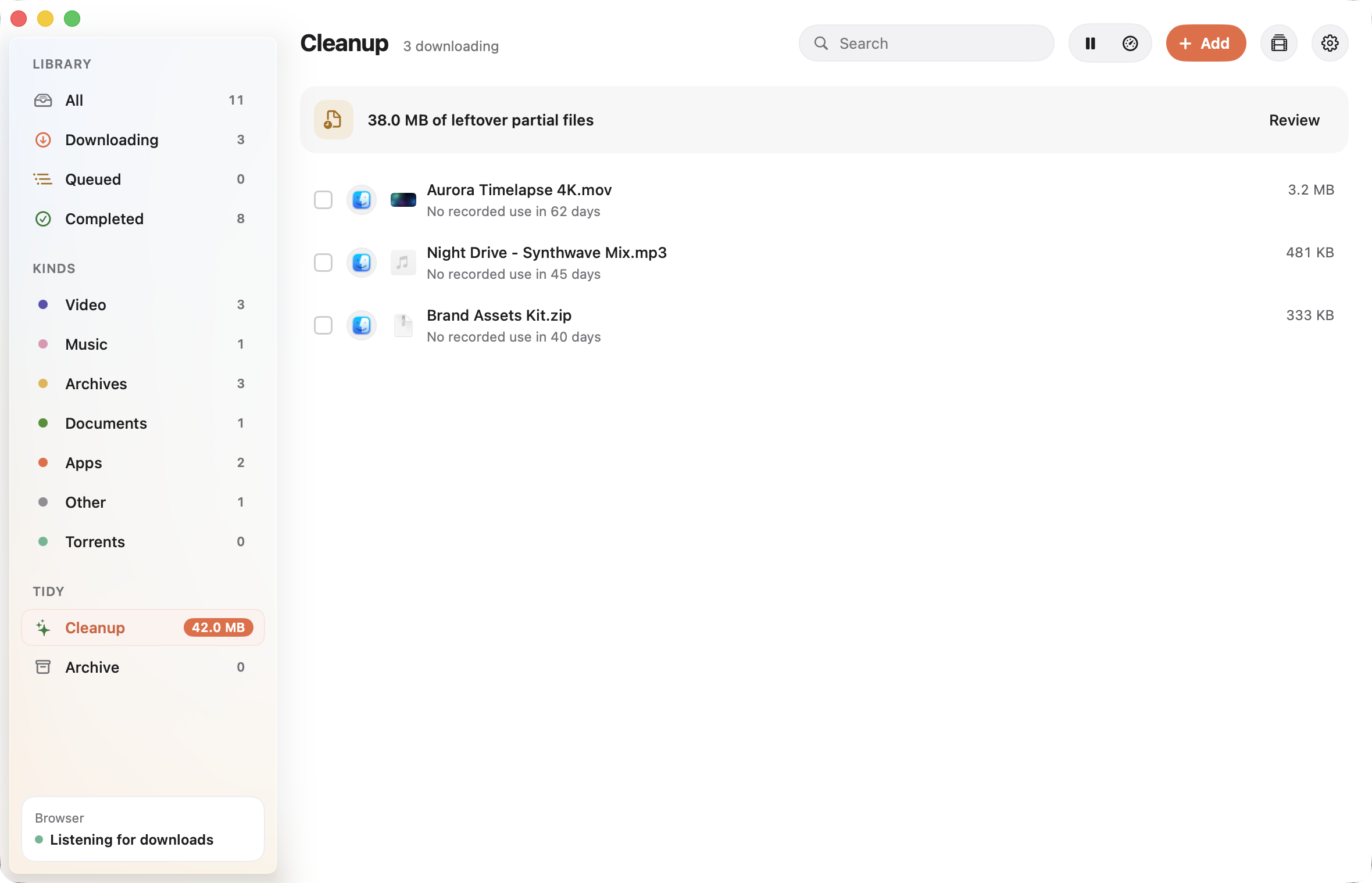 The Cleanup list with files suggested for cleanup