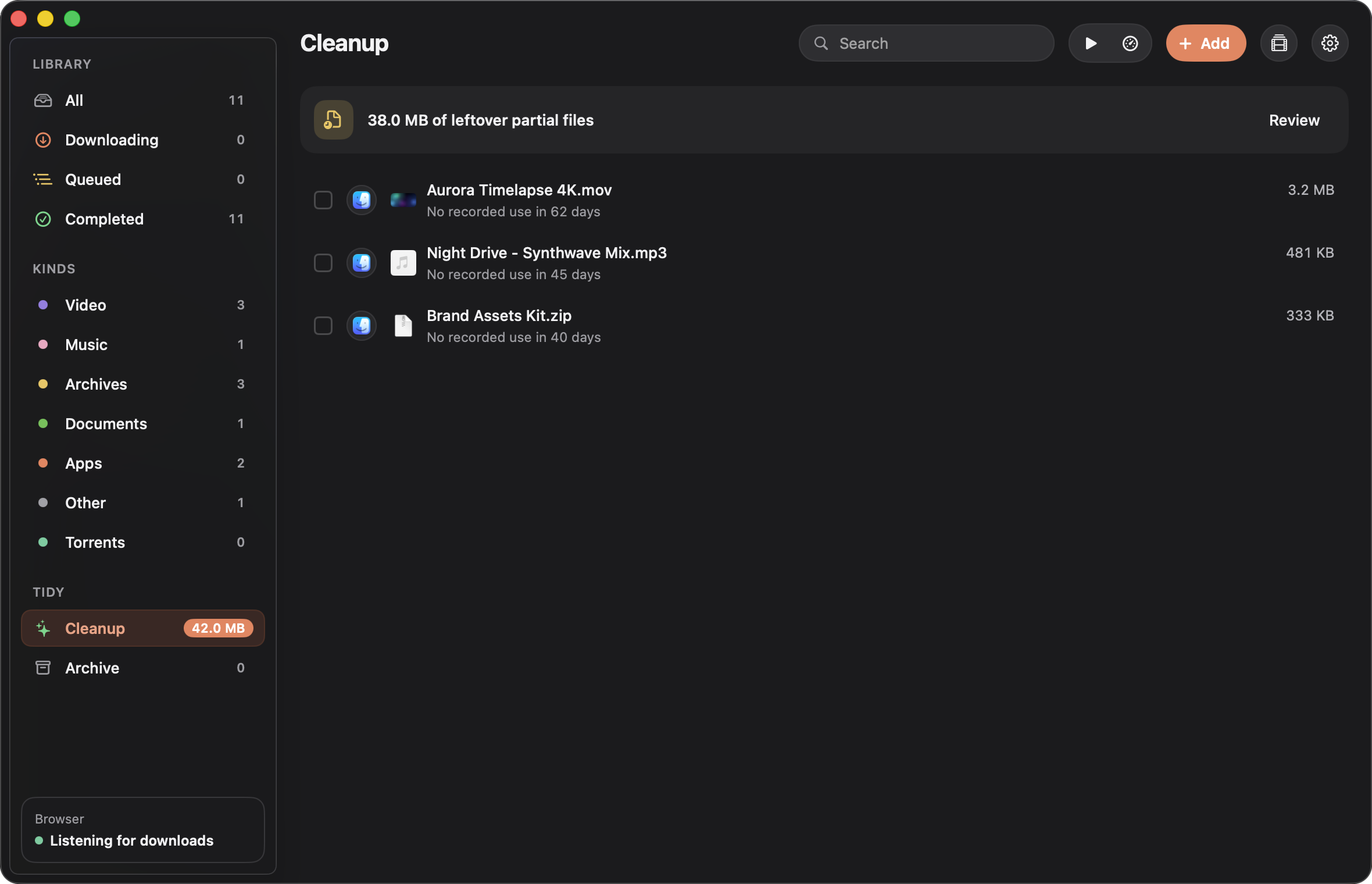 The Cleanup list with files suggested for cleanup