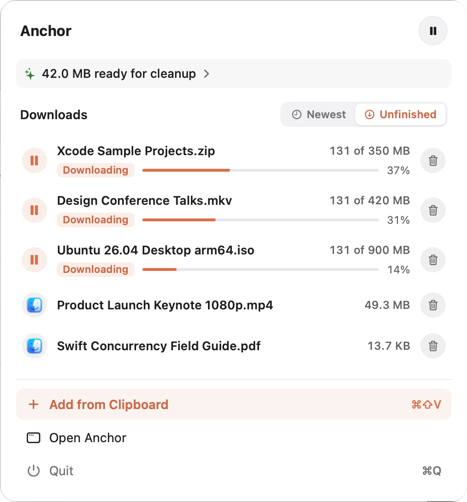 Anchor's menu bar panel with downloads in progress