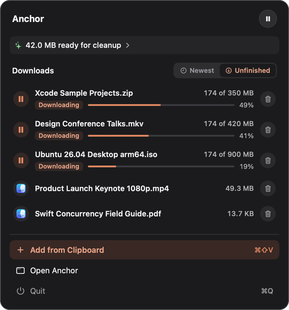 Anchor's menu bar panel with downloads in progress