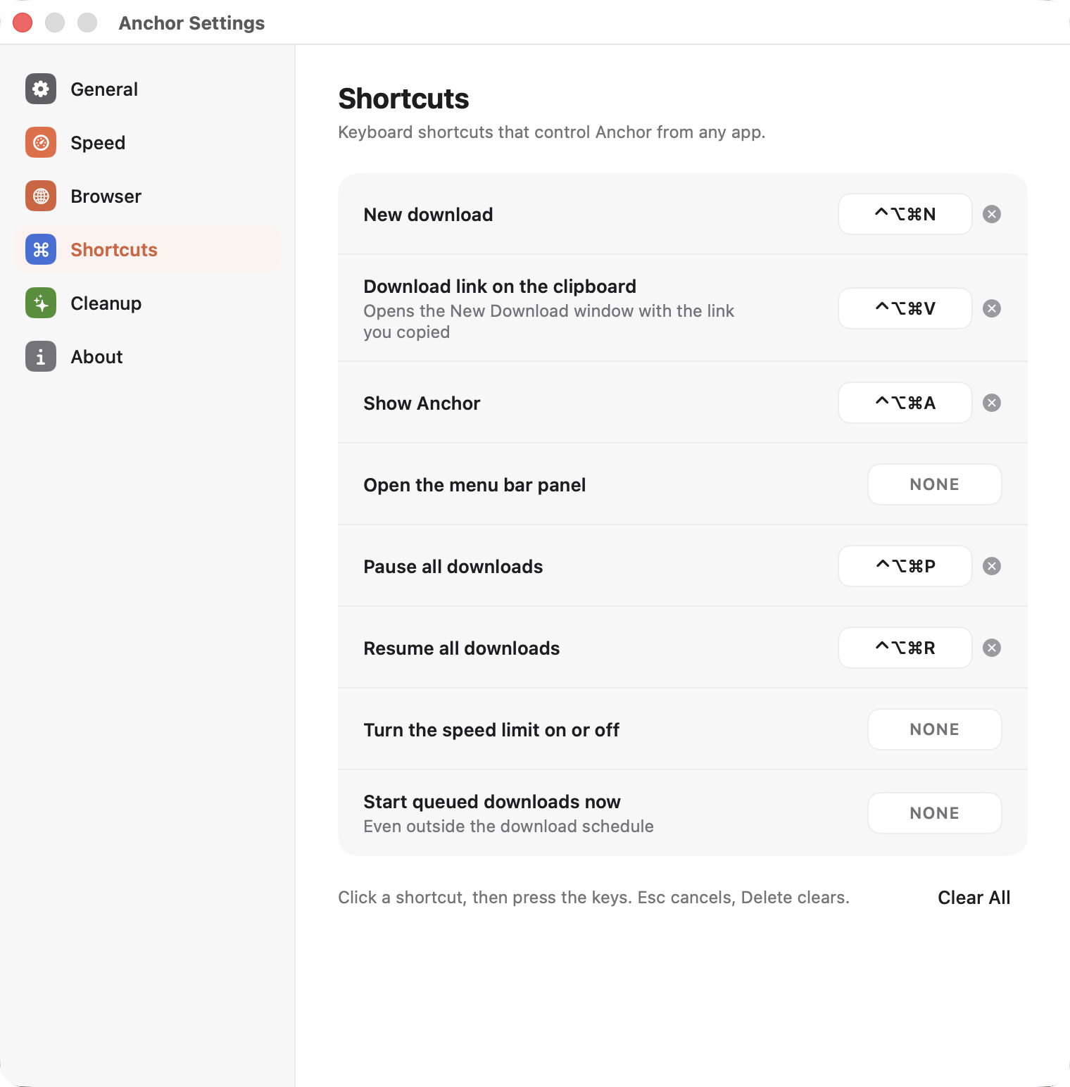 Anchor's Shortcuts settings with keyboard shortcuts set
