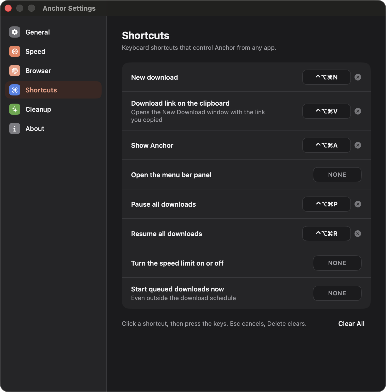 Anchor's Shortcuts settings with keyboard shortcuts set