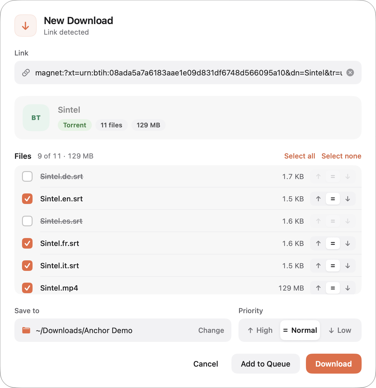 The New Download window listing the files in a torrent