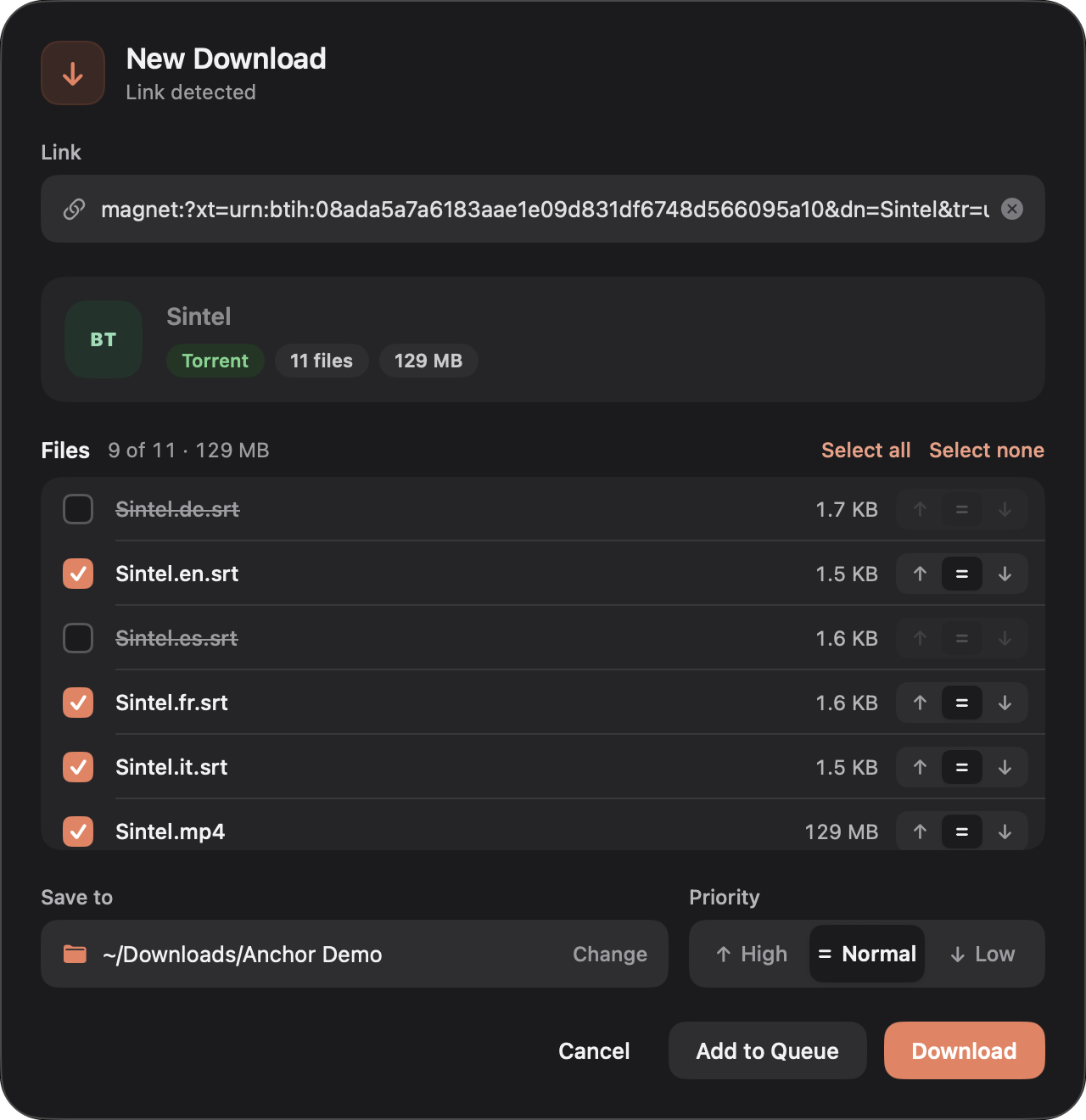 The New Download window listing the files in a torrent
