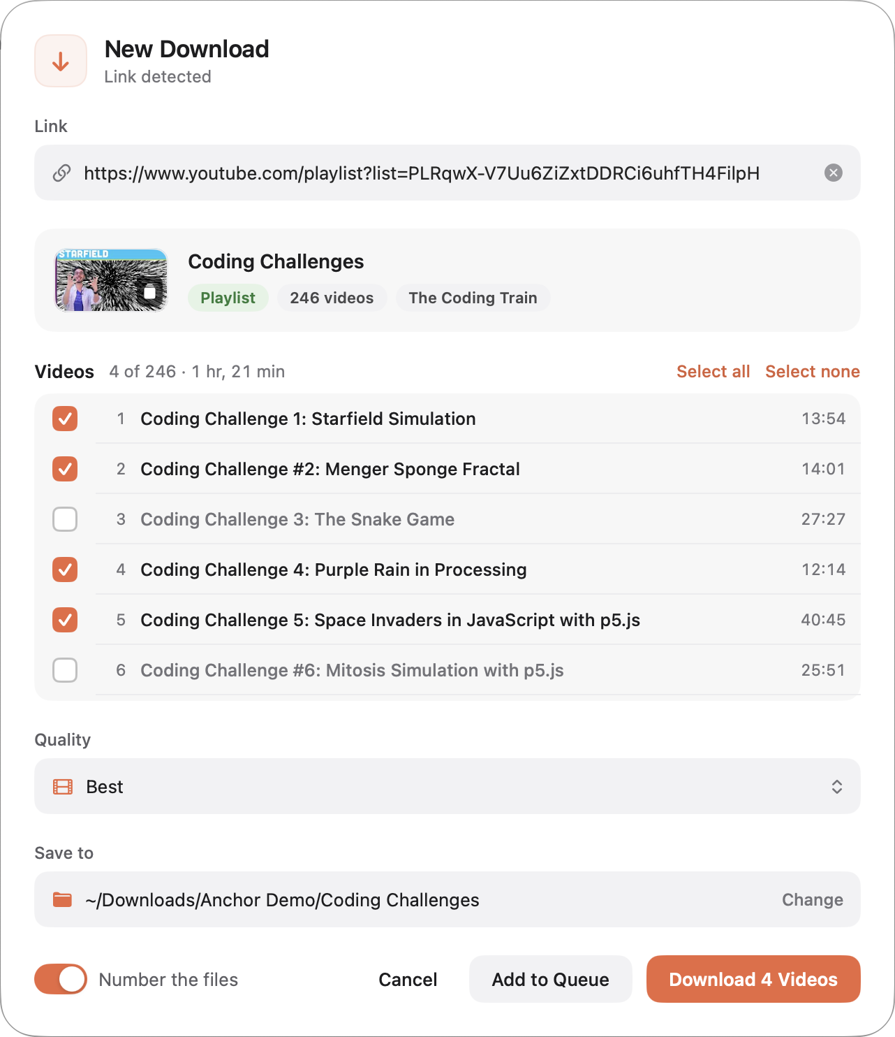 The New Download window for a YouTube playlist, with its videos and quality