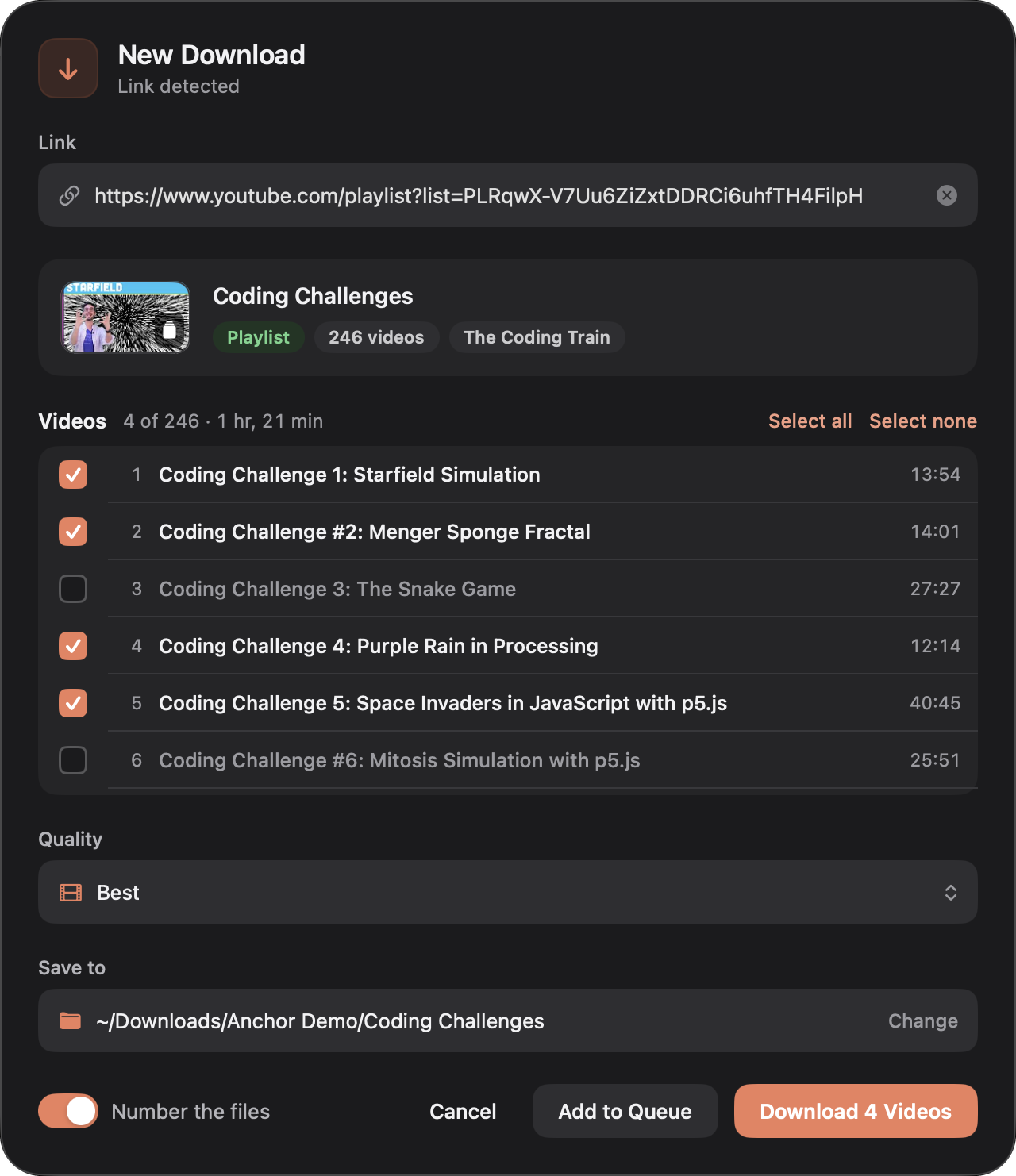 The New Download window for a YouTube playlist, with its videos and quality